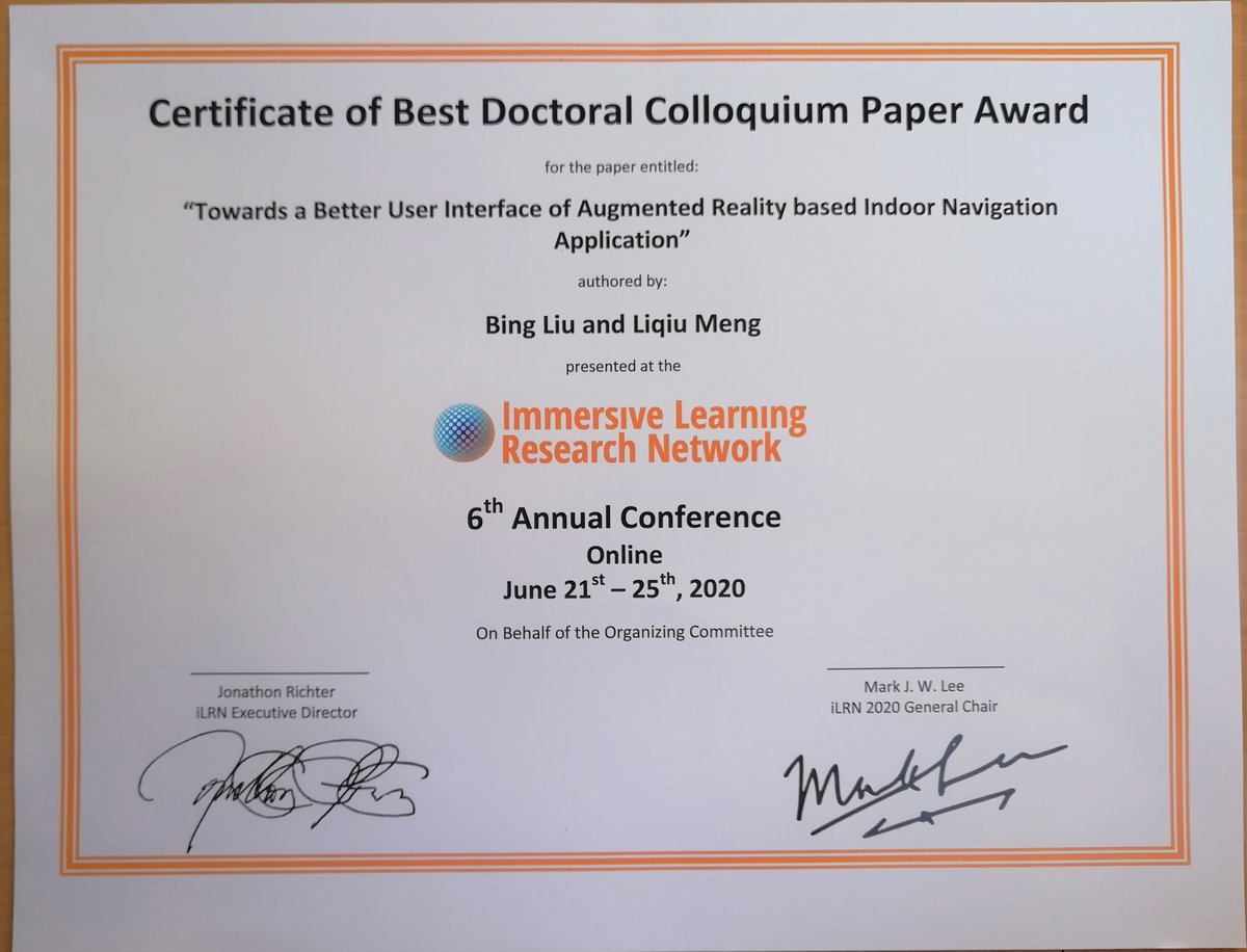 June 21-25, 2020: Best Doctoral Colloquium Paper in iLRN2020(Immersive ...