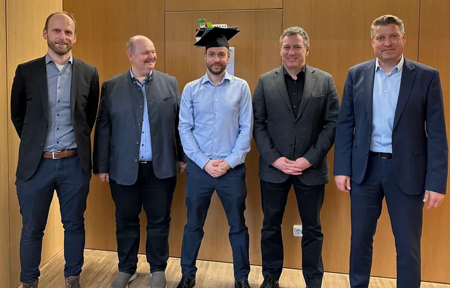 Christof Beil und die Prüfer seiner Dissertation: Prof. Christoph Holst, Prof. Thomas Kolbe, Prof. Klaus Bogenberger und Prof. Jörg Blankenbach